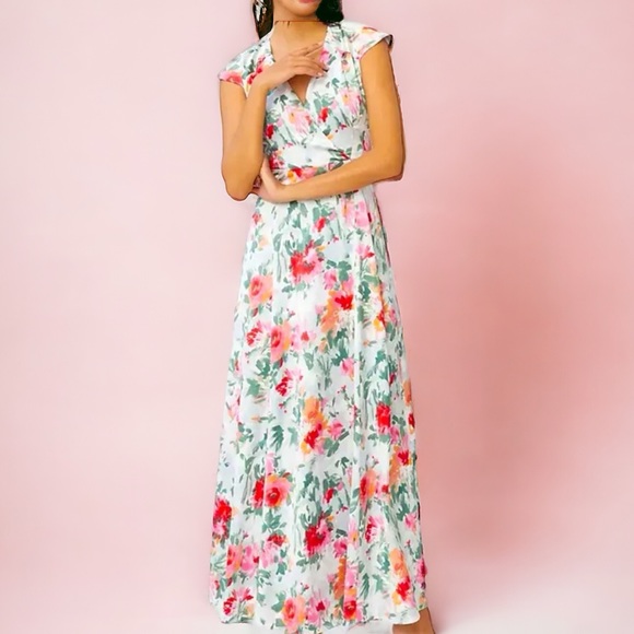 Anthropologie x Hutch Faux Wrap 6P / Sm Pink Green Floral Silky Maxi Dress - Picture 1 of 9